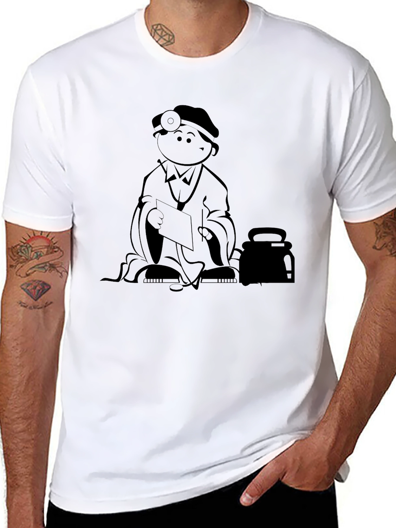 Cartoon Doctor Graphic Tee - Black Cotton T-Shirt