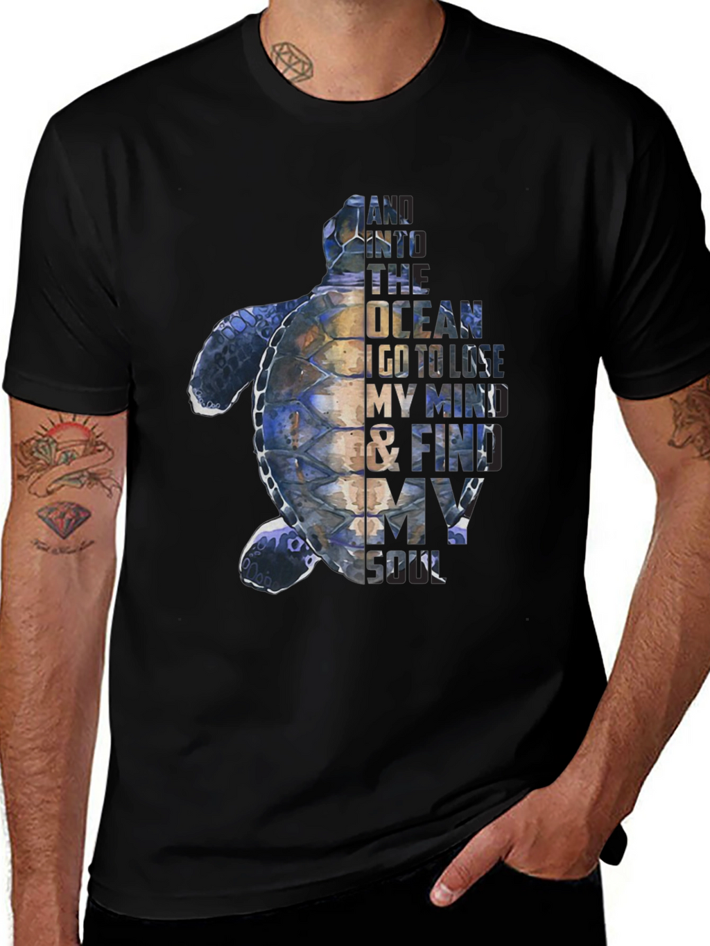 Sea Turtle Graphic Print Mens Black T-Shirt