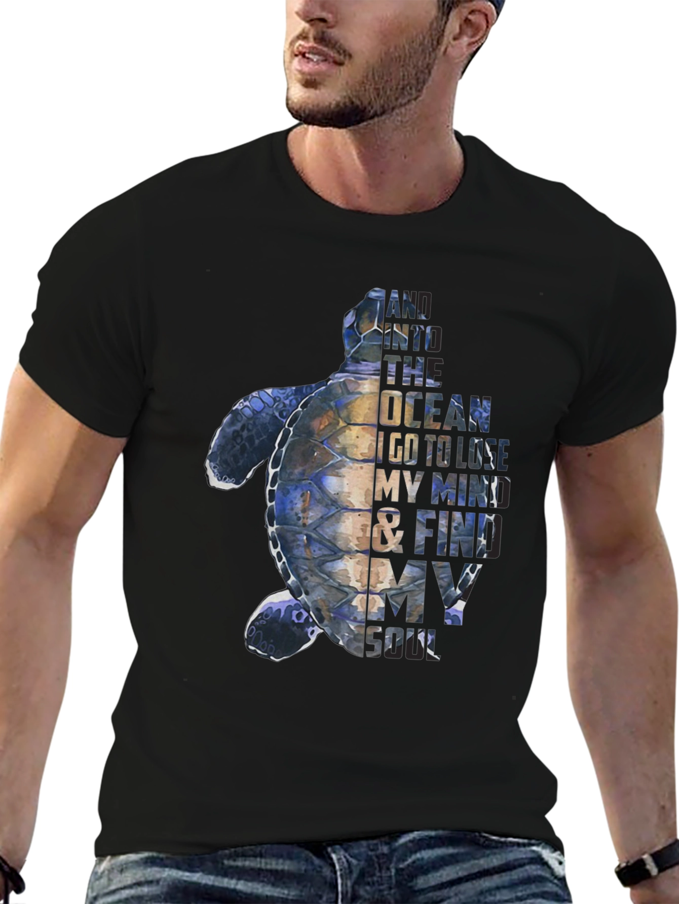 Sea Turtle Graphic Print Mens Black T-Shirt