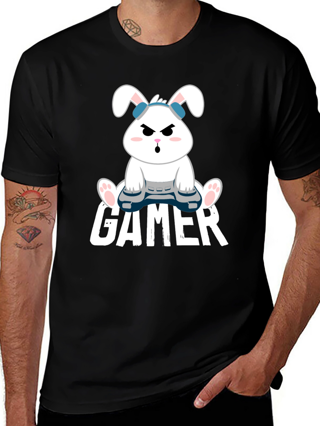 Gamer Bunny Black Cotton T-Shirt