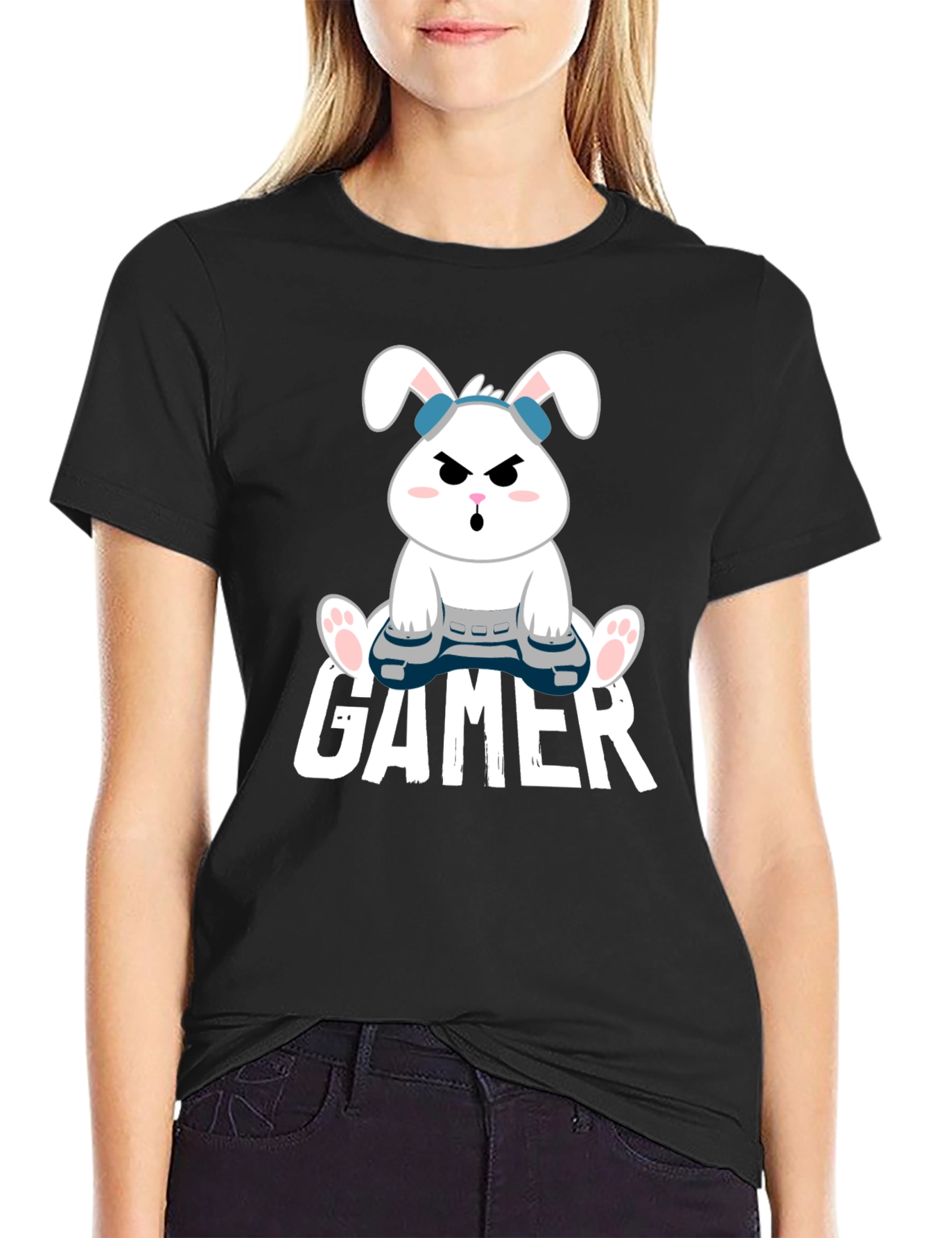 Gamer Bunny Black Cotton T-Shirt