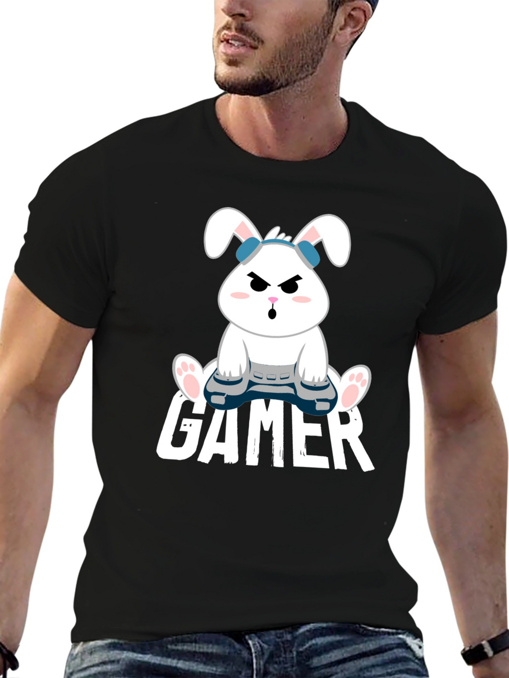 Gamer Bunny Black Cotton T-Shirt