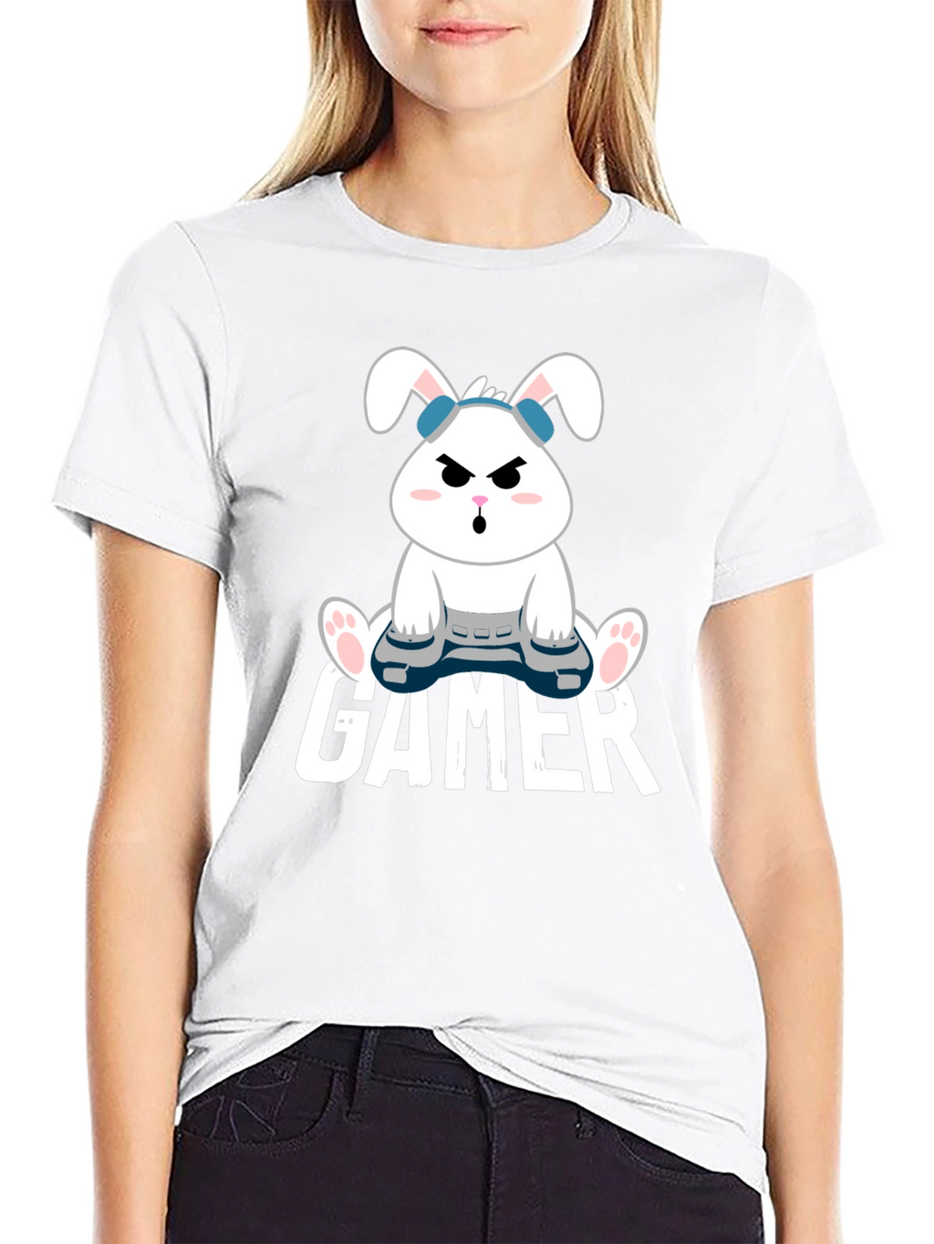 Gamer Bunny Black Cotton T-Shirt