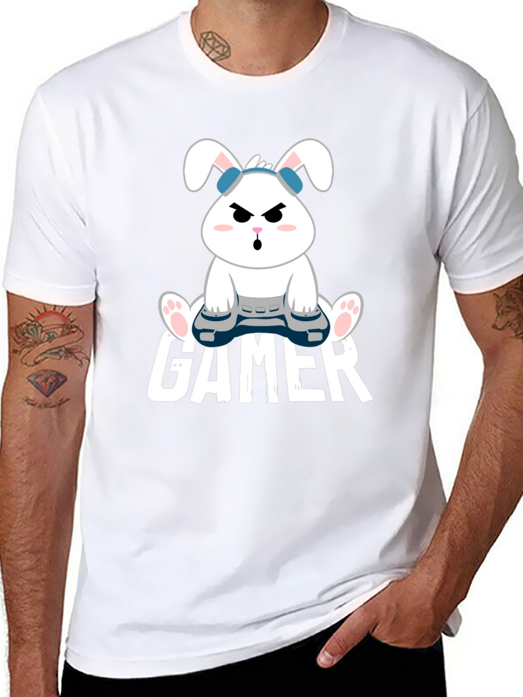Gamer Bunny Black Cotton T-Shirt