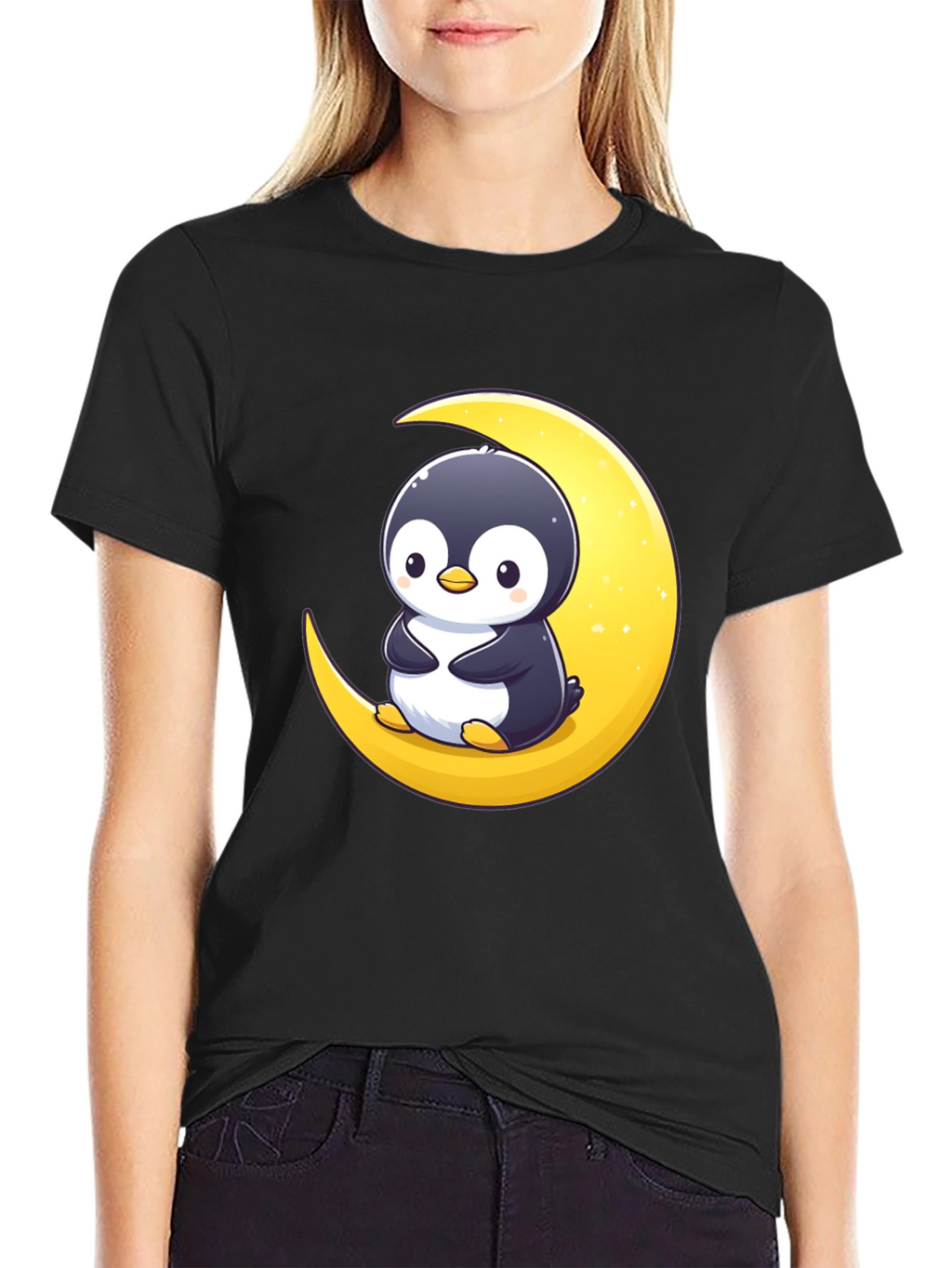 Penguin Moon Graphic Tee - Black Cotton T-Shirt