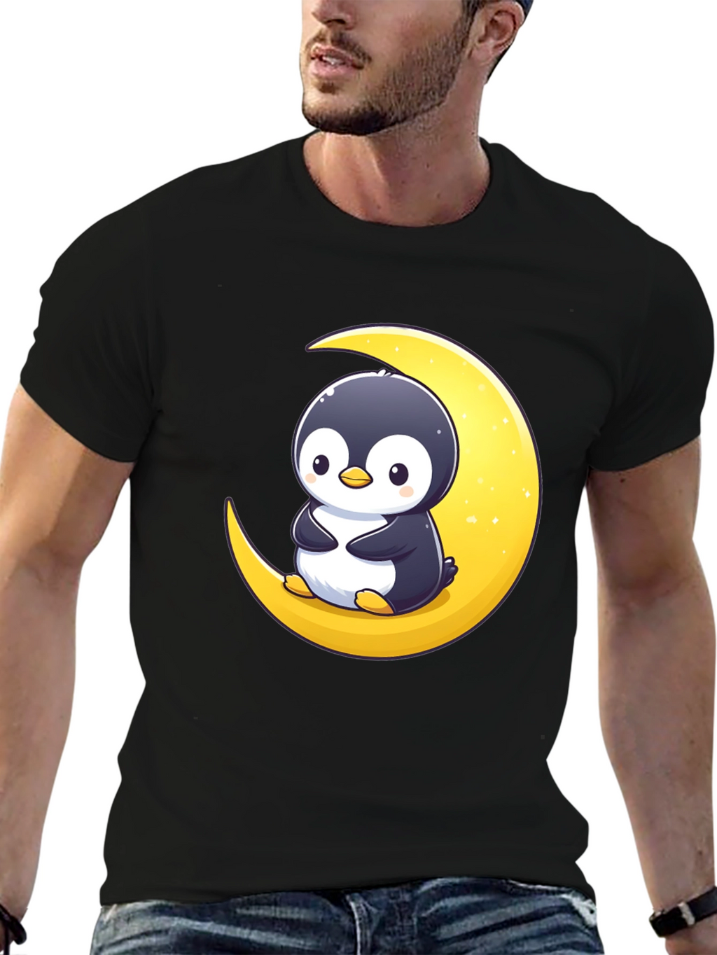 Penguin Moon Graphic Tee - Black Cotton T-Shirt