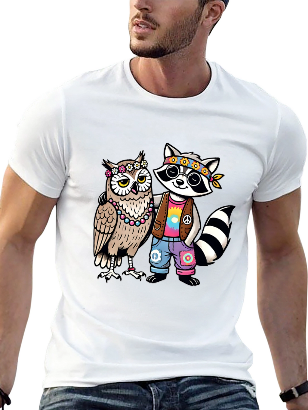 Hippie Owl & Raccoon Black T-Shirt