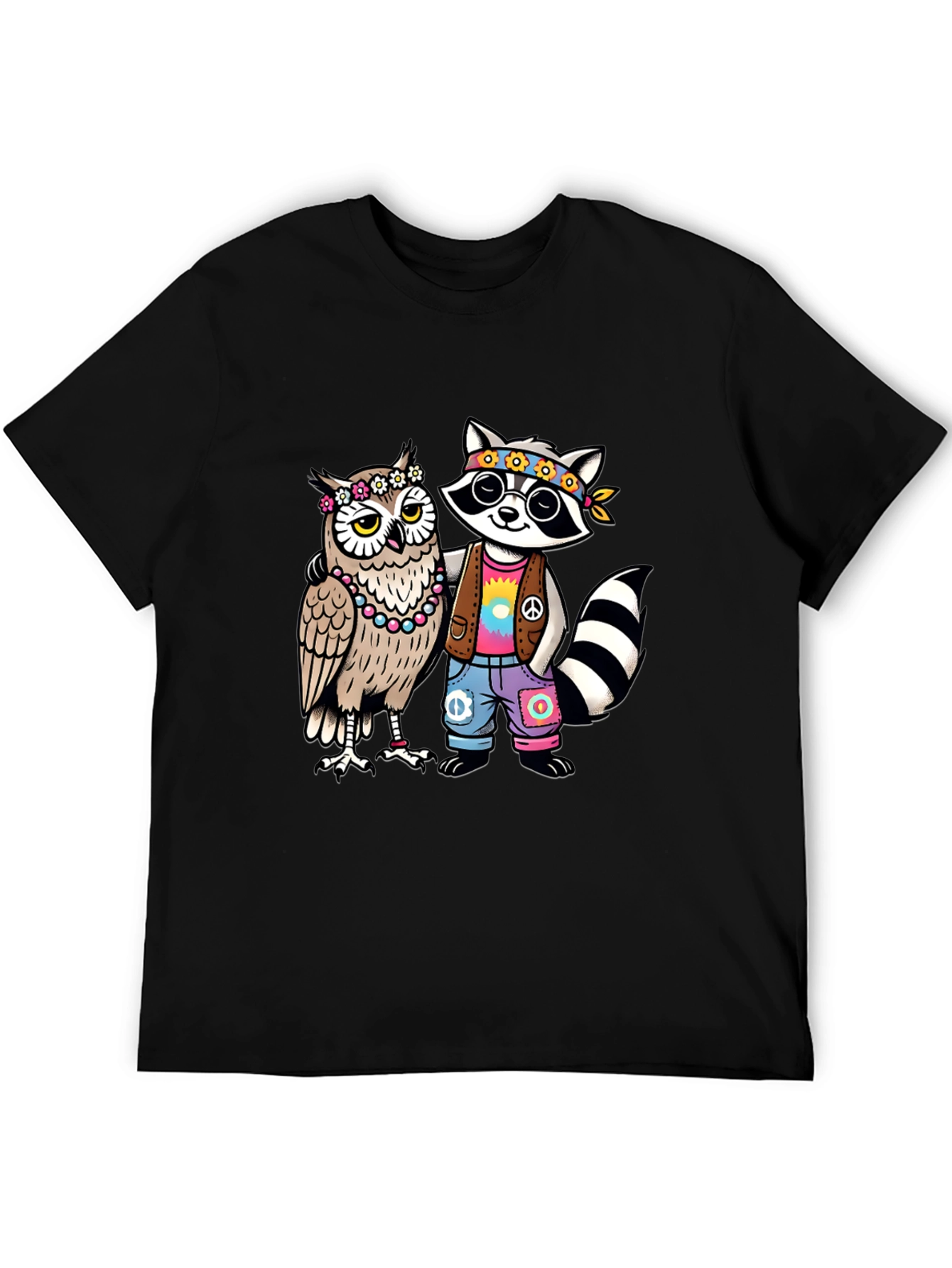 Hippie Owl & Raccoon Black T-Shirt