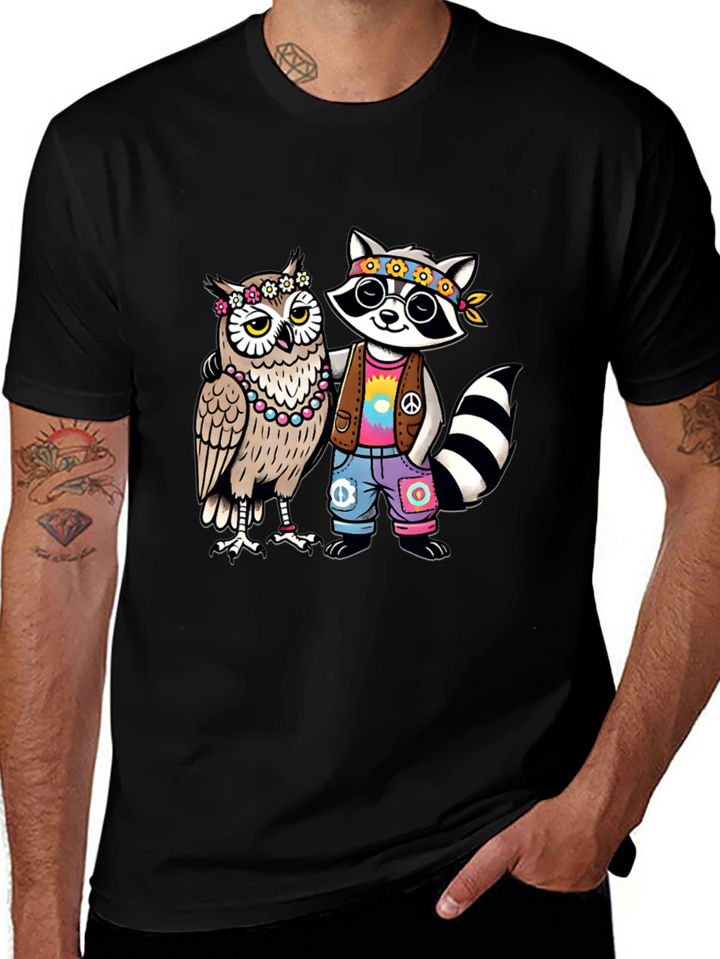 Hippie Owl & Raccoon Black T-Shirt