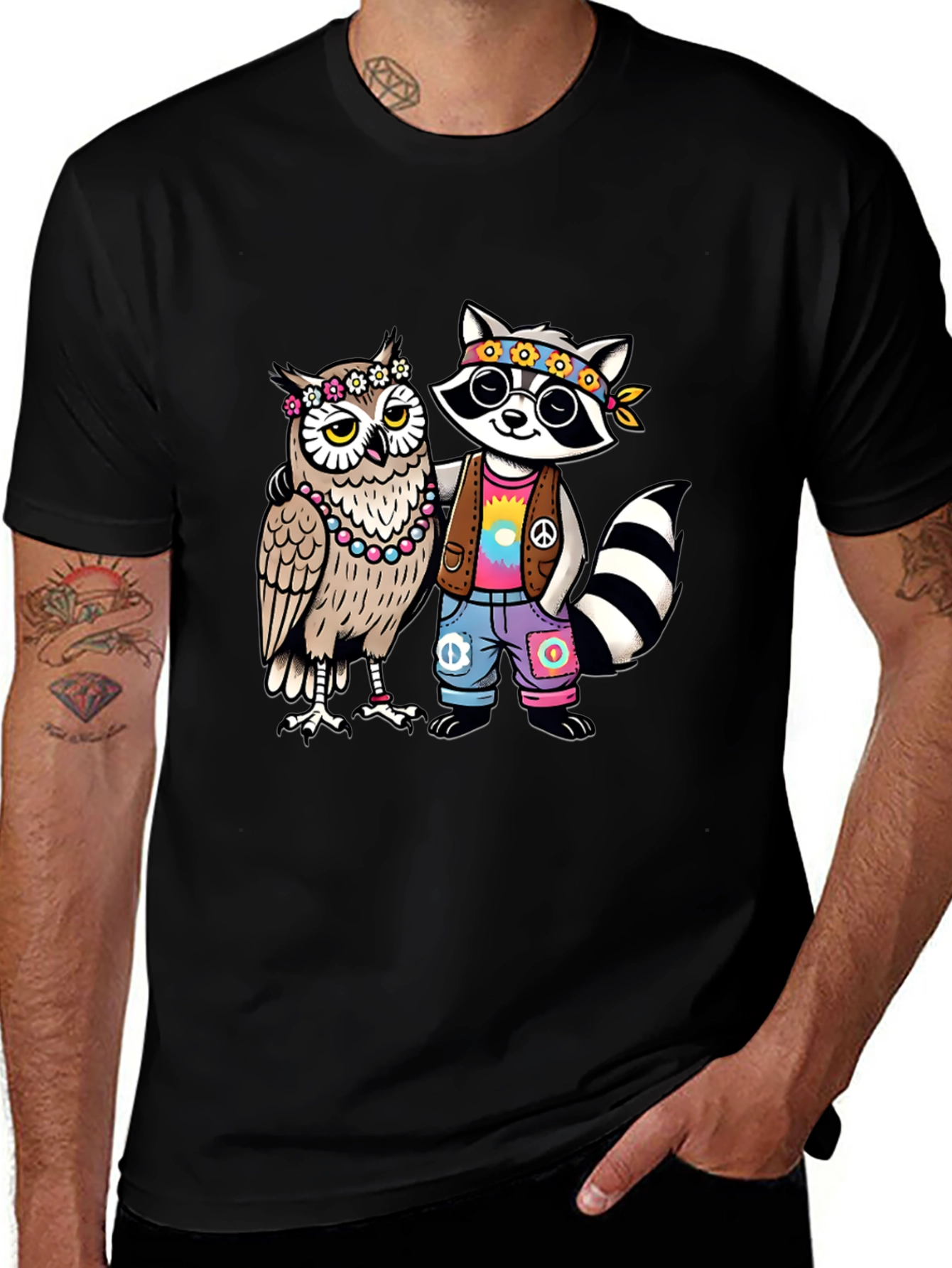 Hippie Owl & Raccoon Black T-Shirt