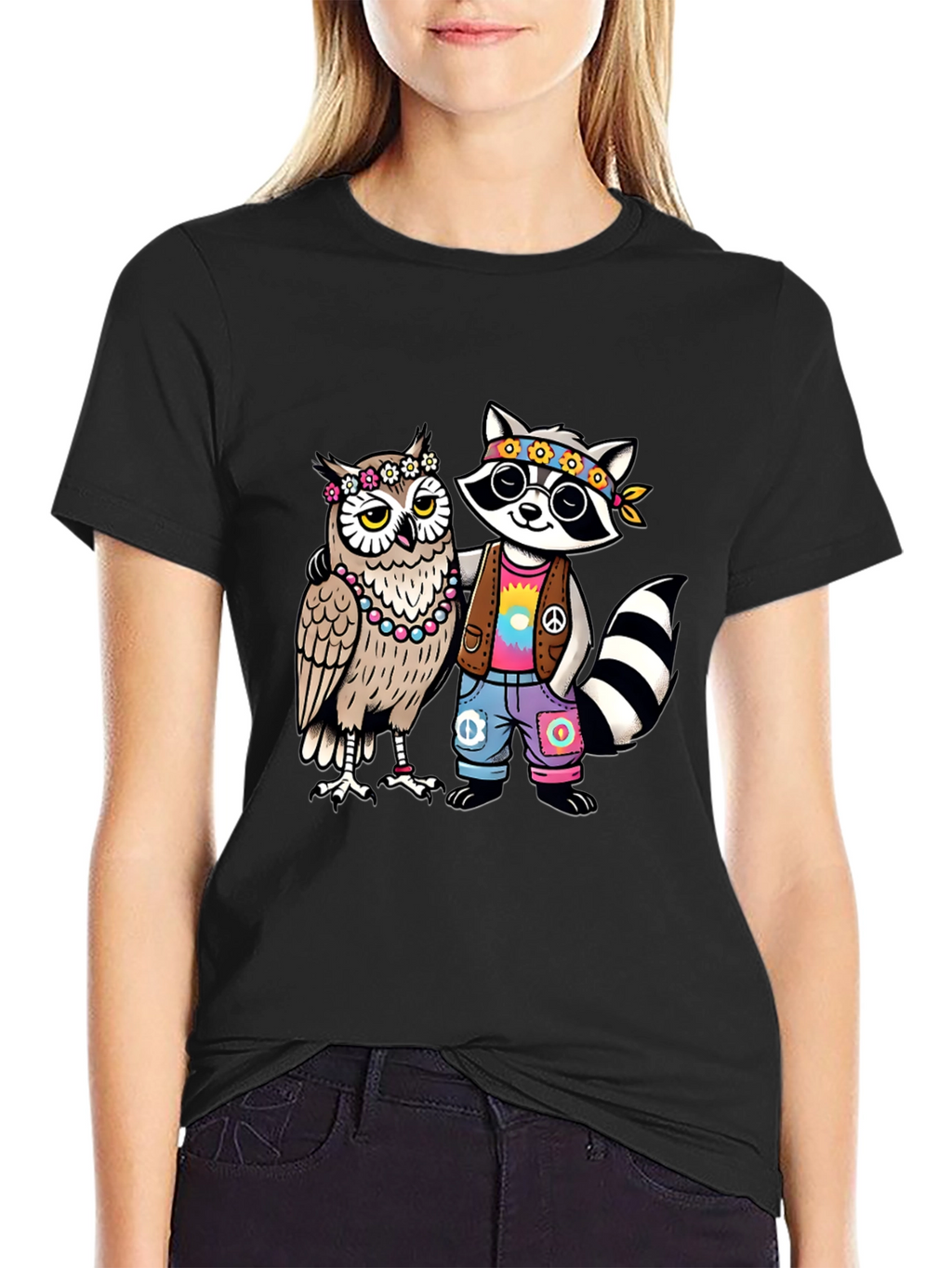 Hippie Owl & Raccoon Black T-Shirt