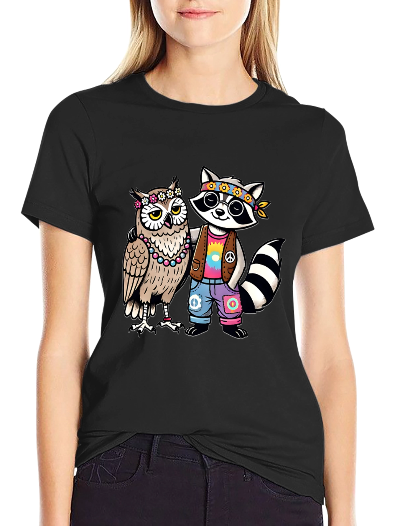 Hippie Owl & Raccoon Black T-Shirt
