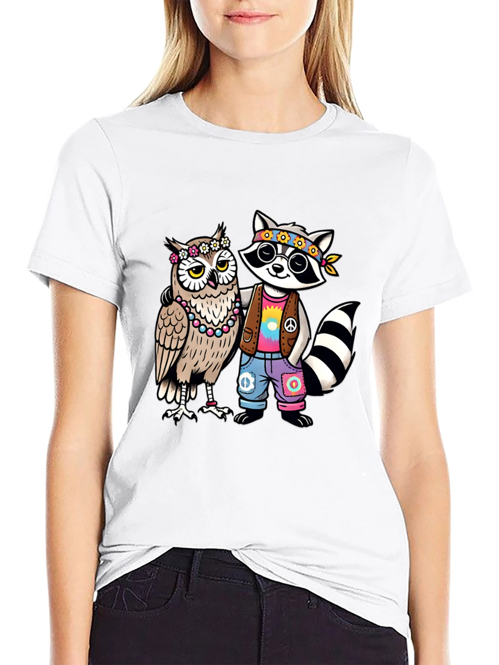 Hippie Owl & Raccoon Black T-Shirt