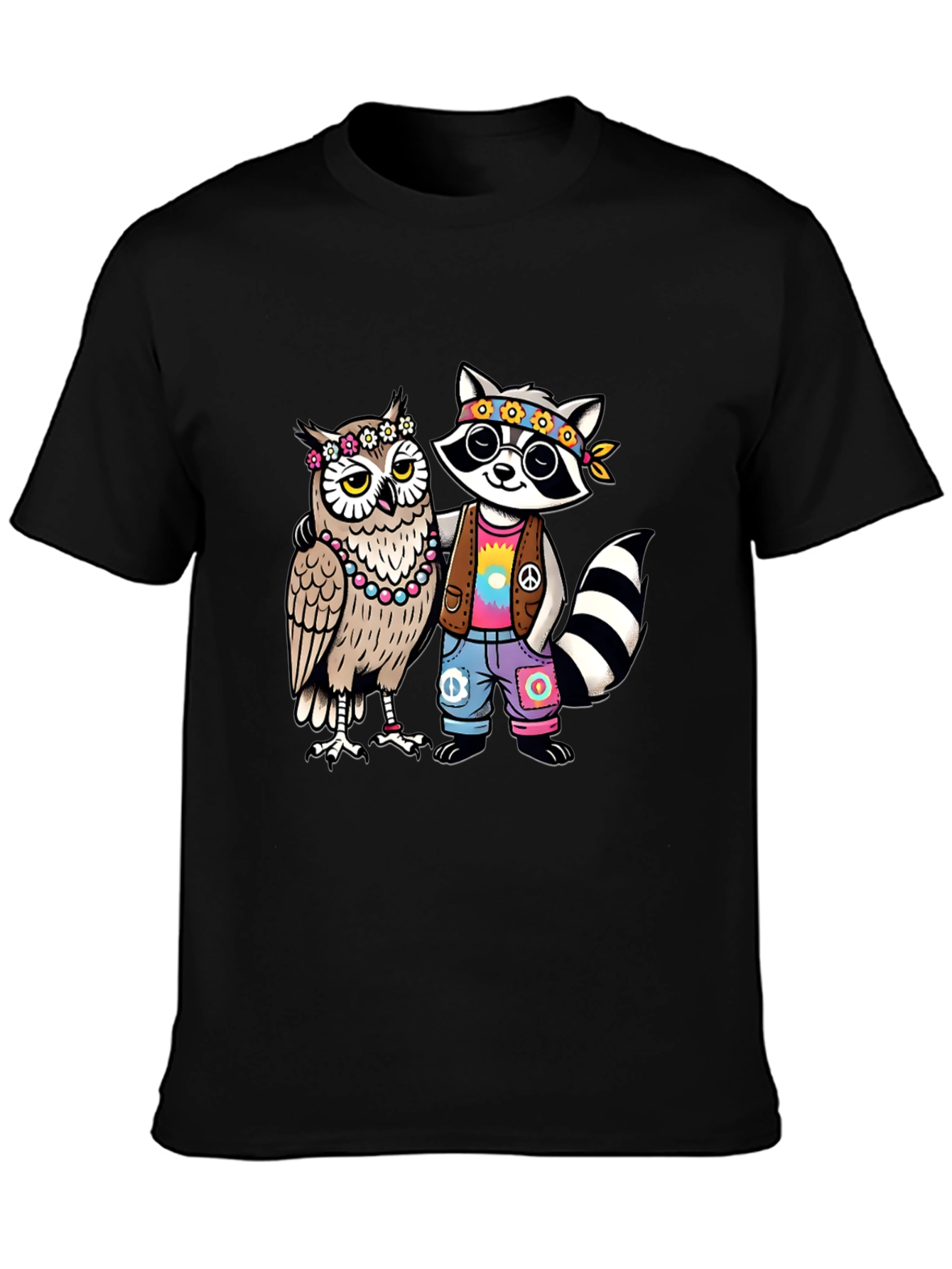Hippie Owl & Raccoon Black T-Shirt