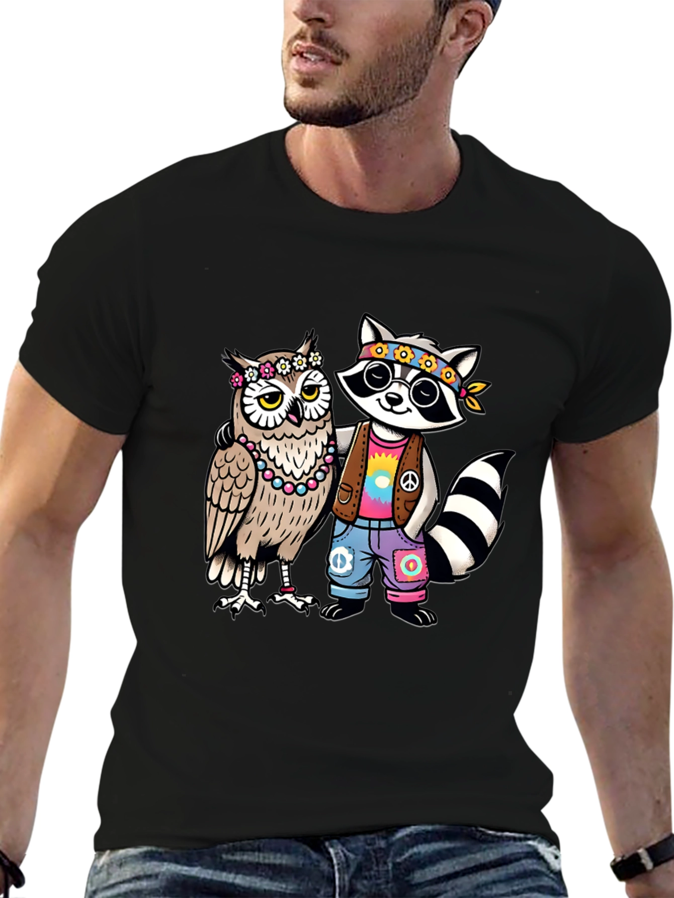Hippie Owl & Raccoon Black T-Shirt