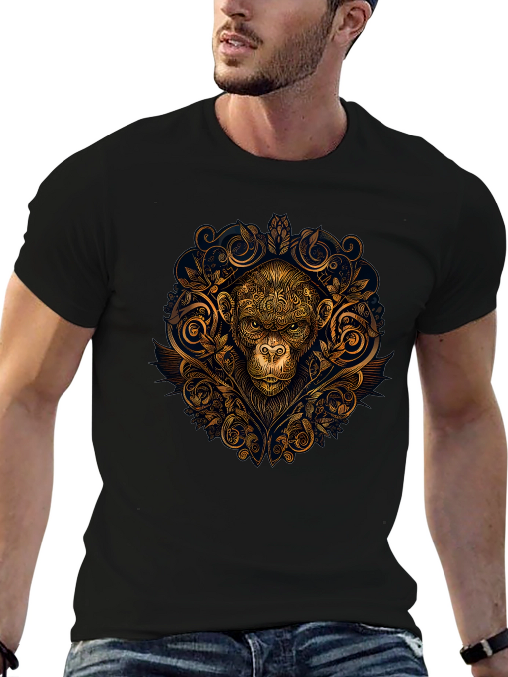 Ornate Monkey Graphic Black T-Shirt
