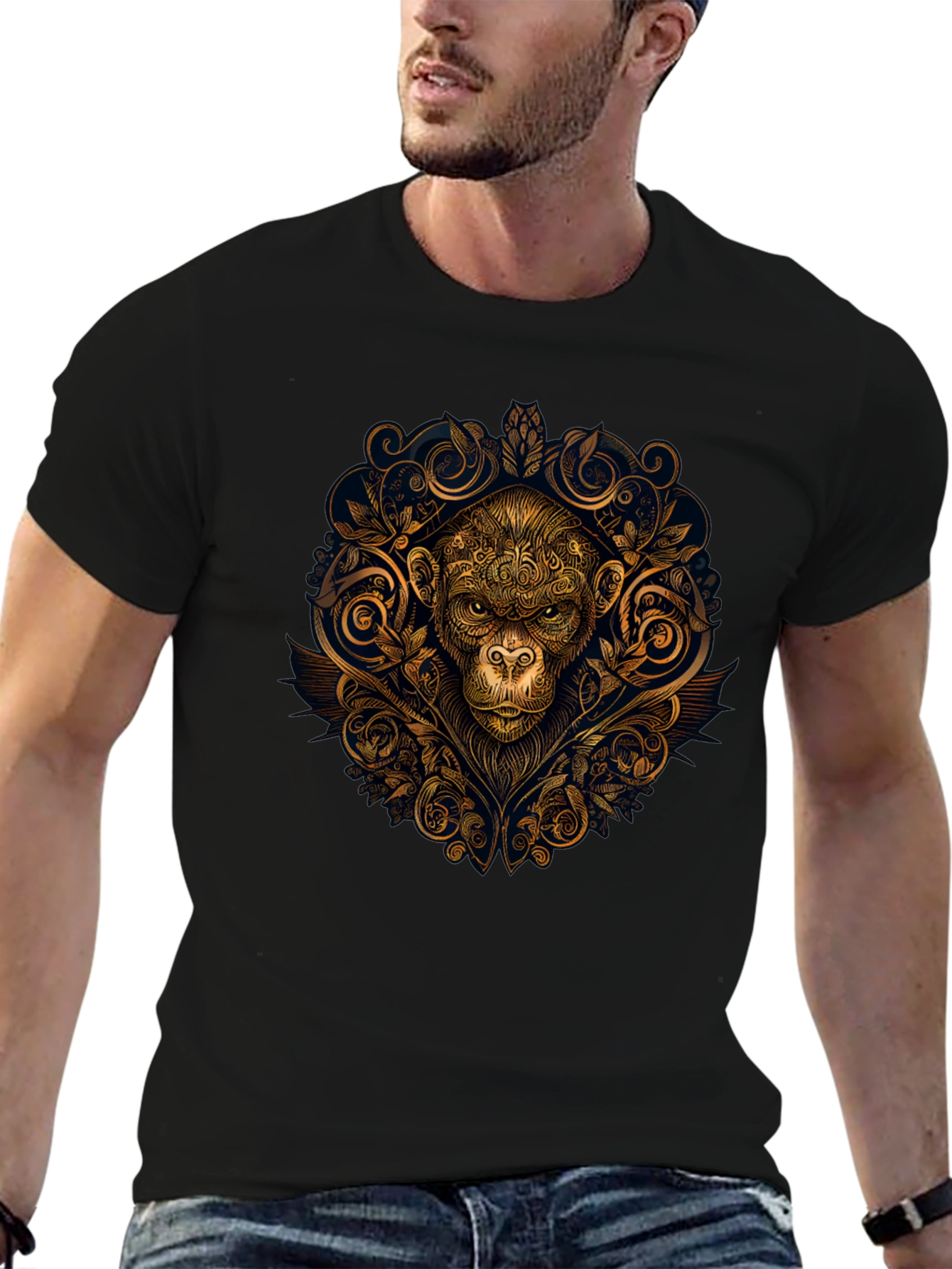 Ornate Monkey Graphic Black T-Shirt