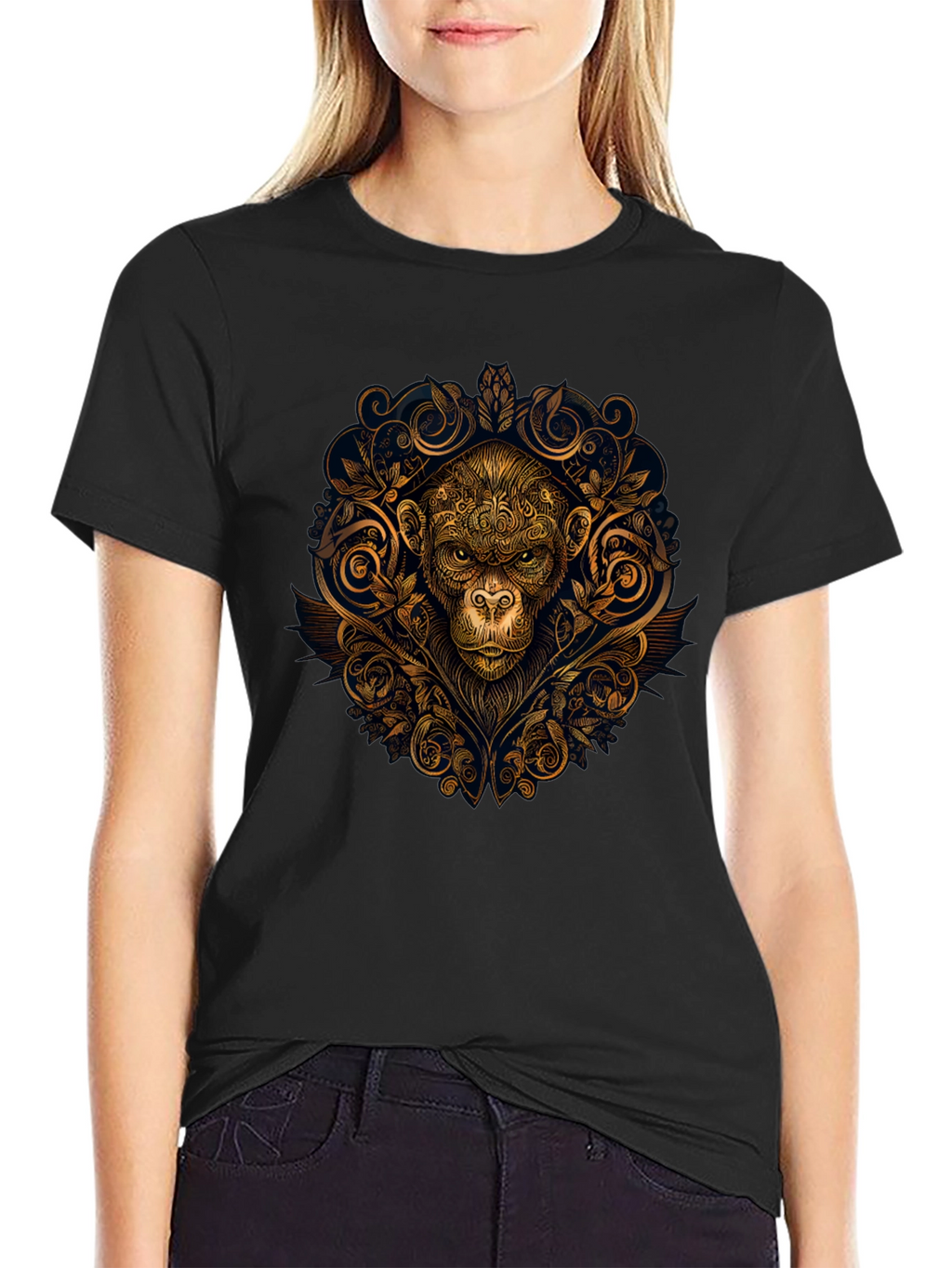 Ornate Monkey Graphic Black T-Shirt
