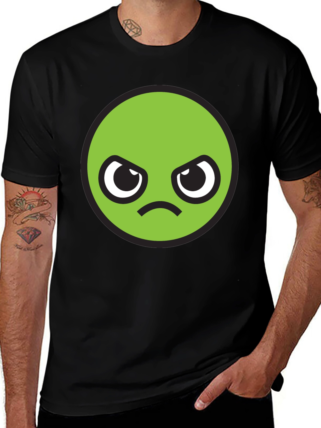 Grumpy Green Emoji T-Shirt - Unisex Black Tee