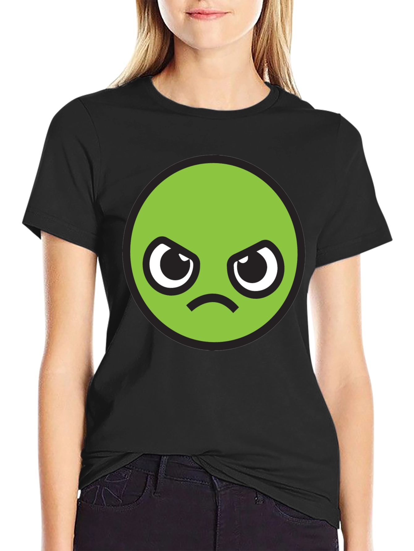 Grumpy Green Emoji T-Shirt - Unisex Black Tee