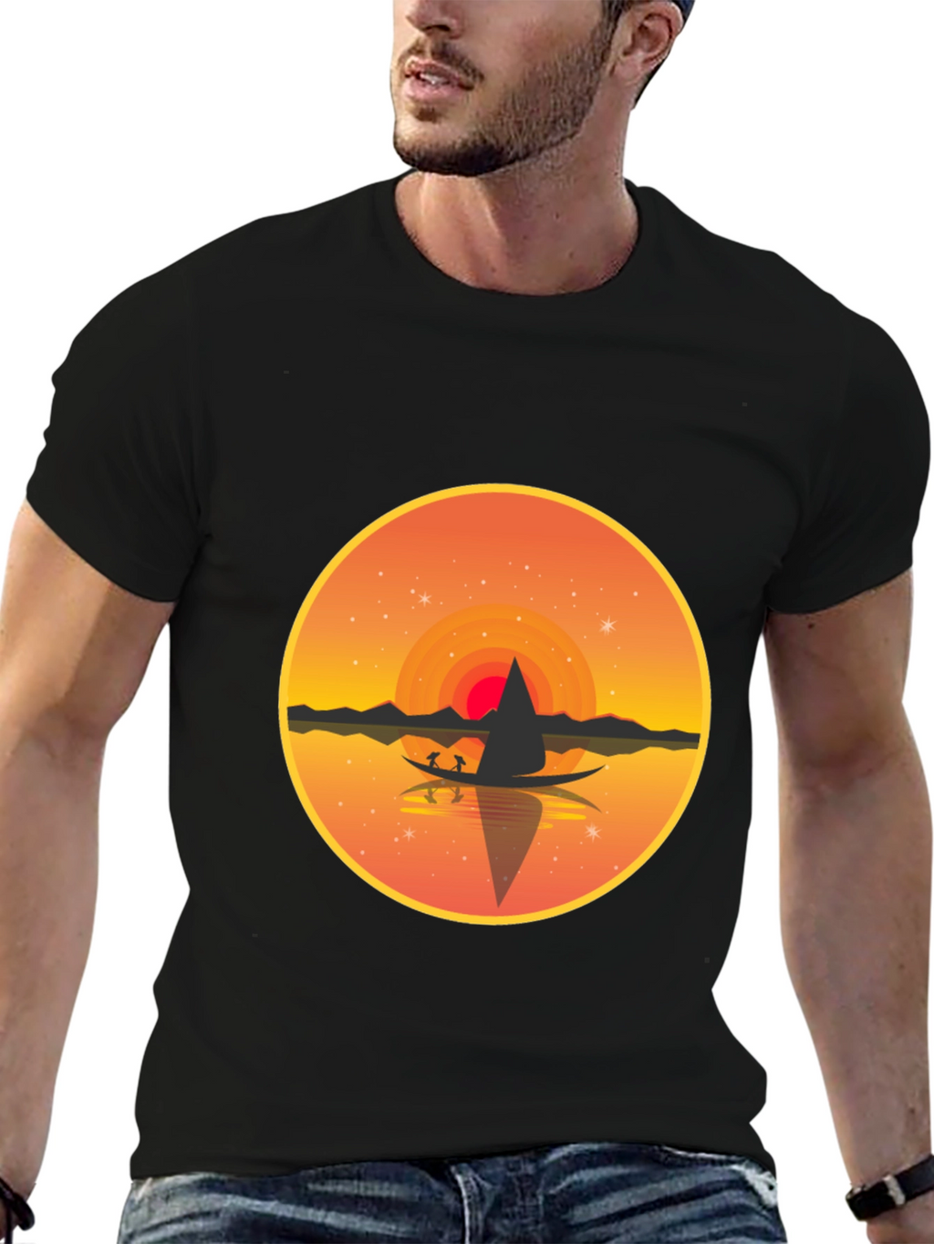 Sunset Lake Graphic Tee - Black Crew Neck T-Shirt