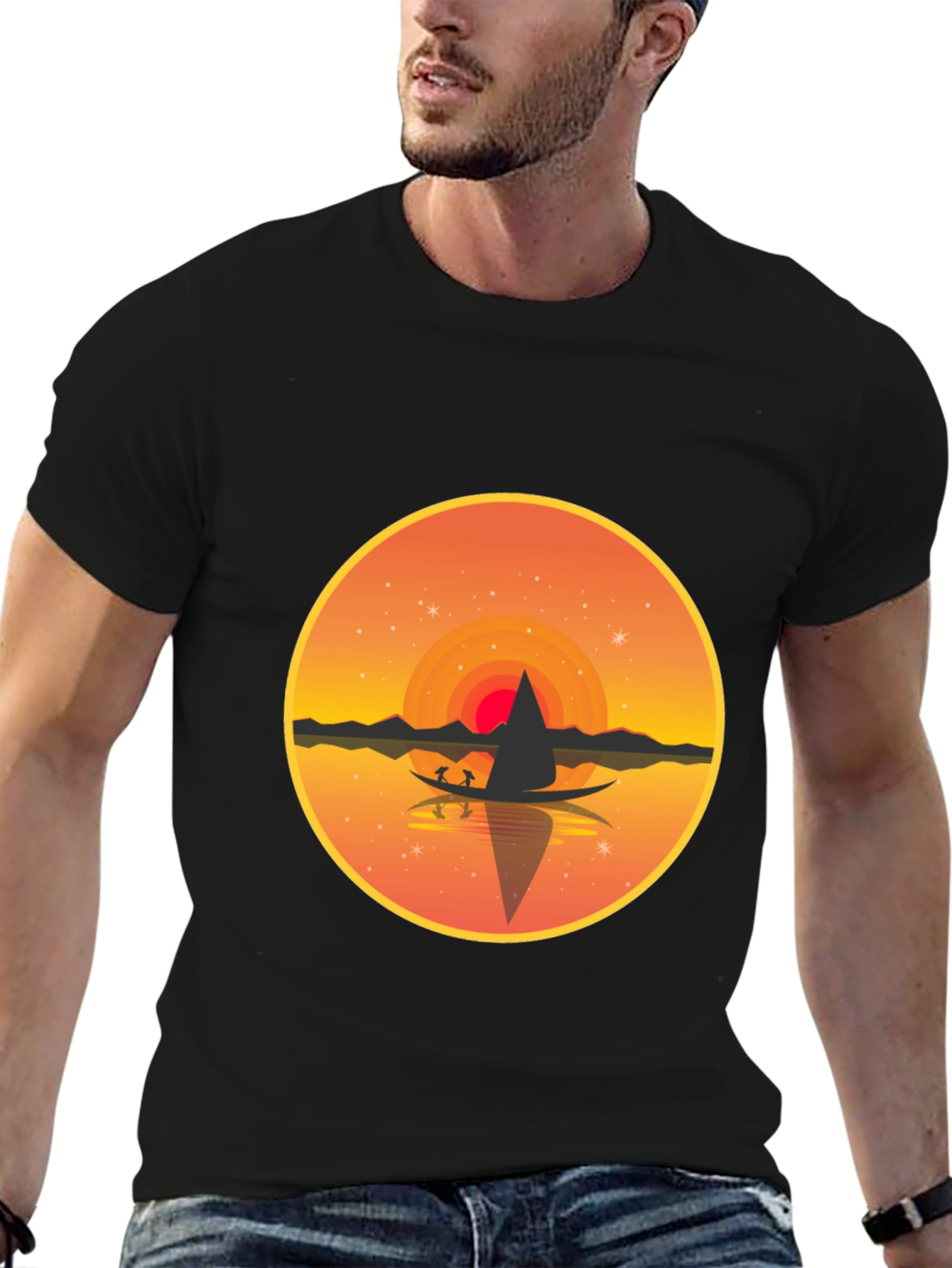 Sunset Lake Graphic Tee - Black Crew Neck T-Shirt