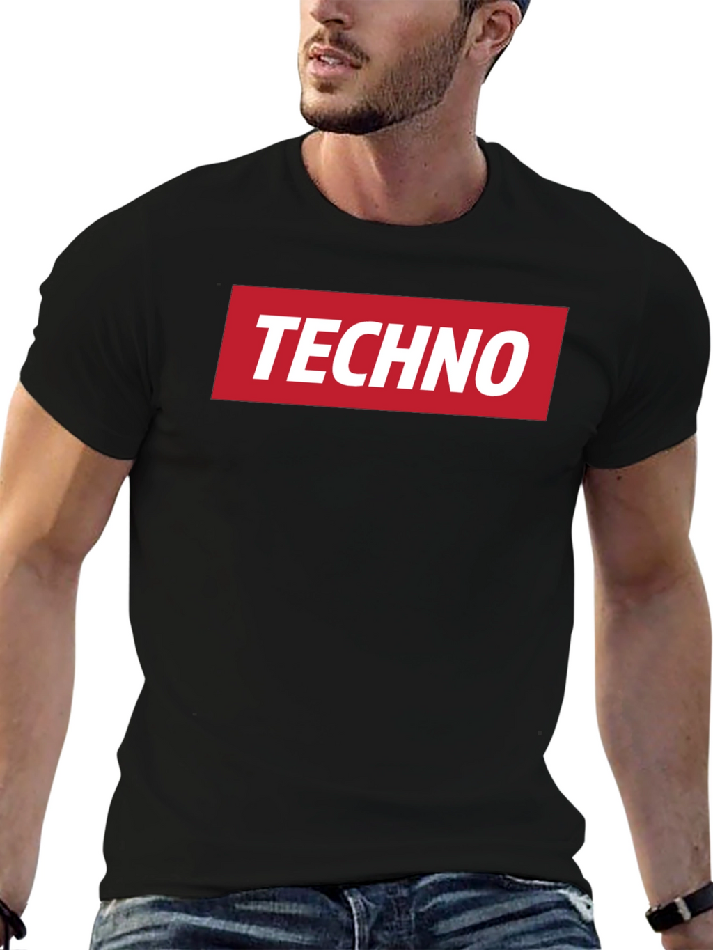 Techno Music T-Shirt - Red Box Logo - Black