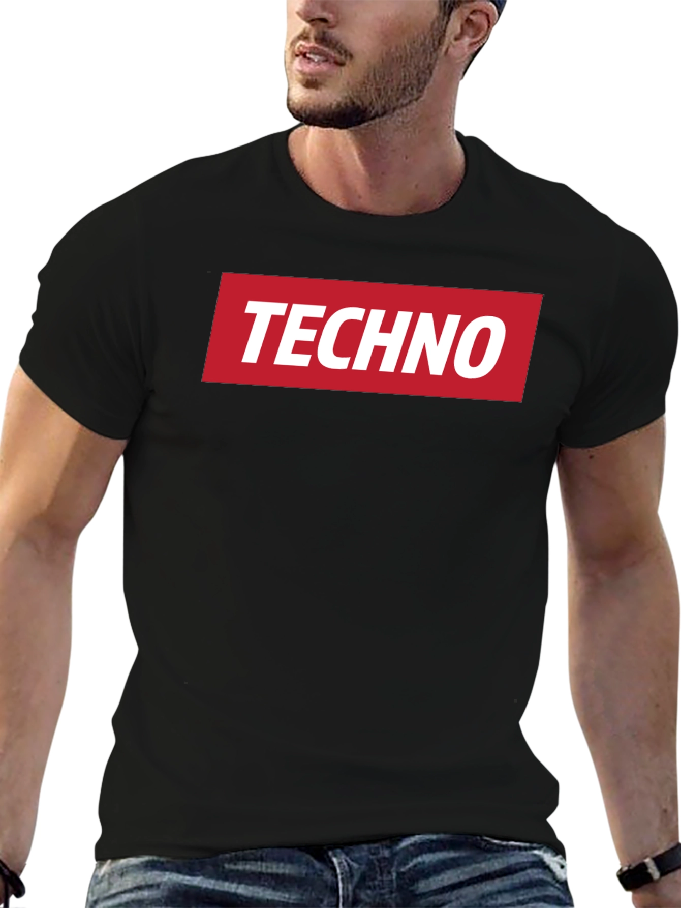 Techno Music T-Shirt - Red Box Logo - Black