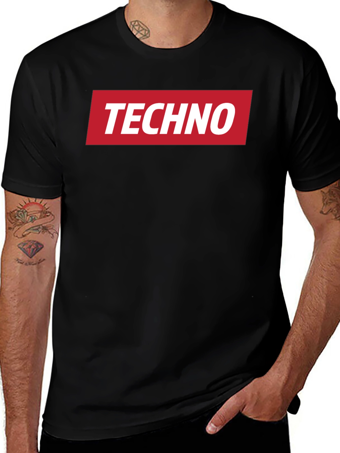 Techno Music T-Shirt - Red Box Logo - Black