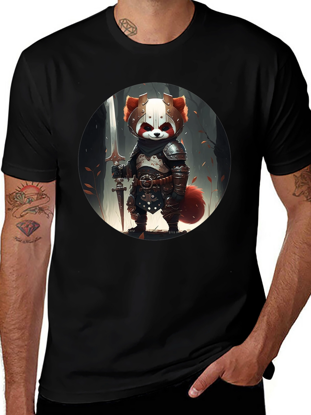 Red Panda Knight Graphic Tee - Unique Black T-Shirt