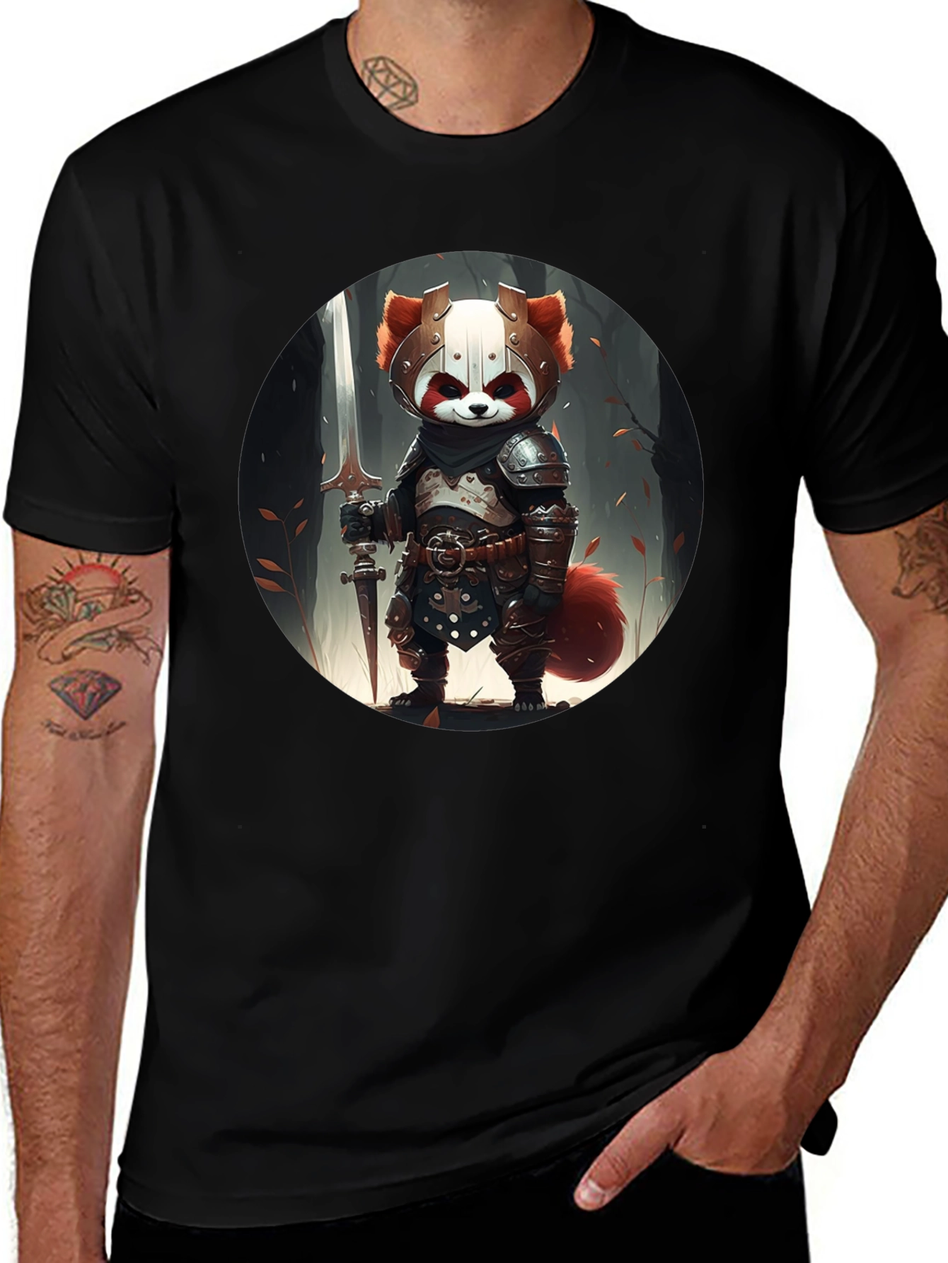 Red Panda Knight Graphic Tee - Unique Black T-Shirt
