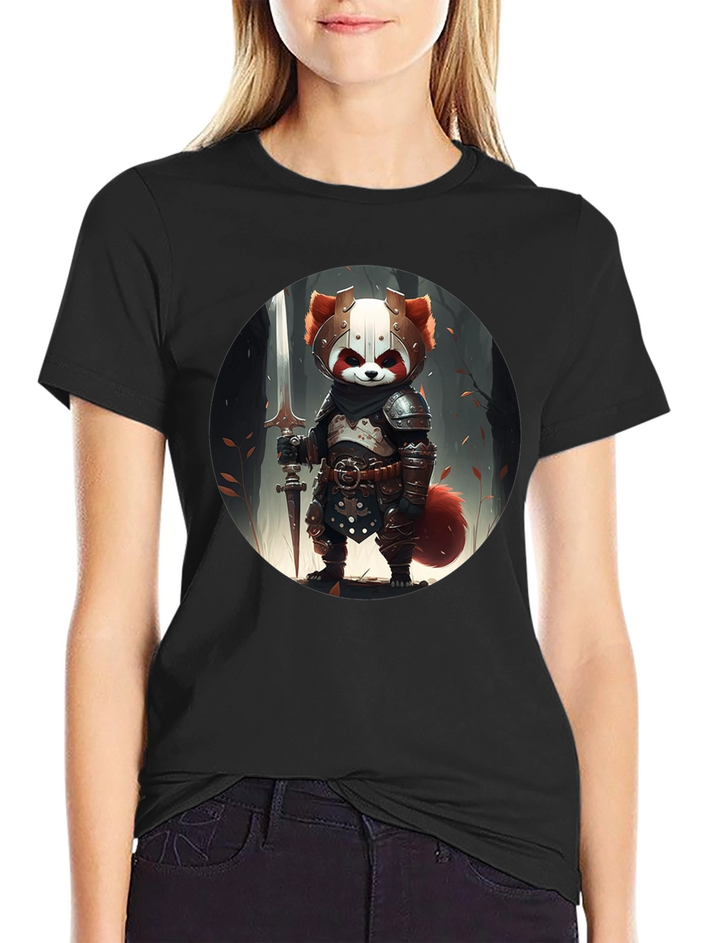 Red Panda Knight Graphic Tee - Unique Black T-Shirt