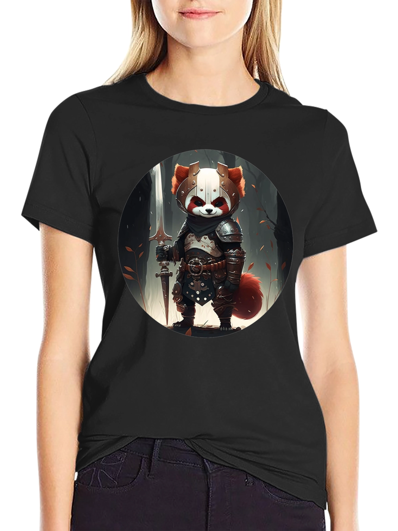Red Panda Knight Graphic Tee - Unique Black T-Shirt