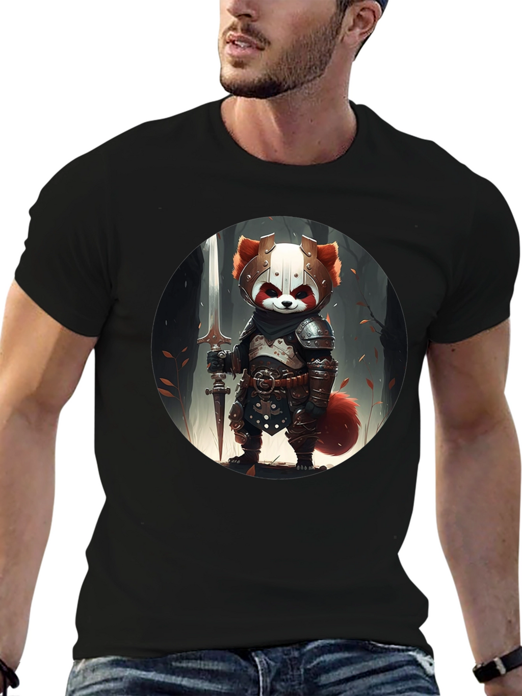 Red Panda Knight Graphic Tee - Unique Black T-Shirt