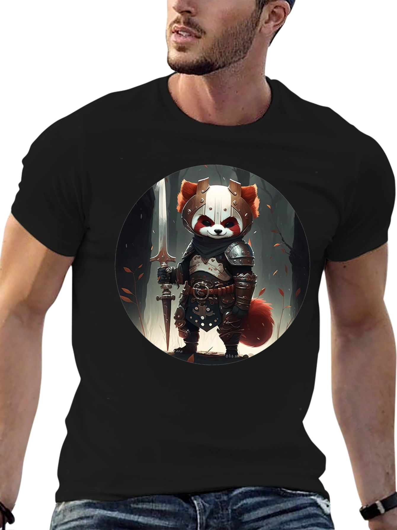 Red Panda Knight Graphic Tee - Unique Black T-Shirt