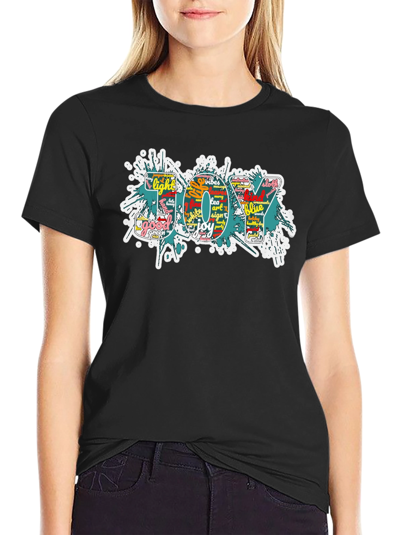 Joy Word Art Mens Black Graphic T-Shirt