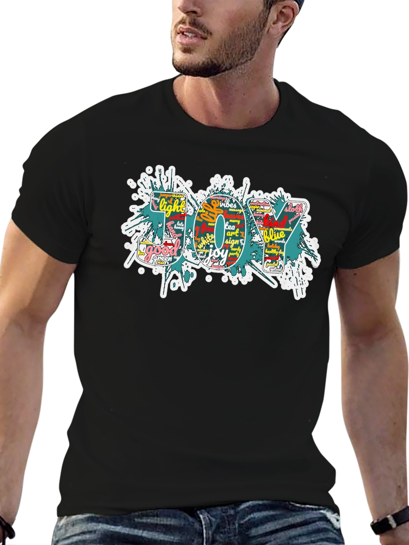 Joy Word Art Mens Black Graphic T-Shirt