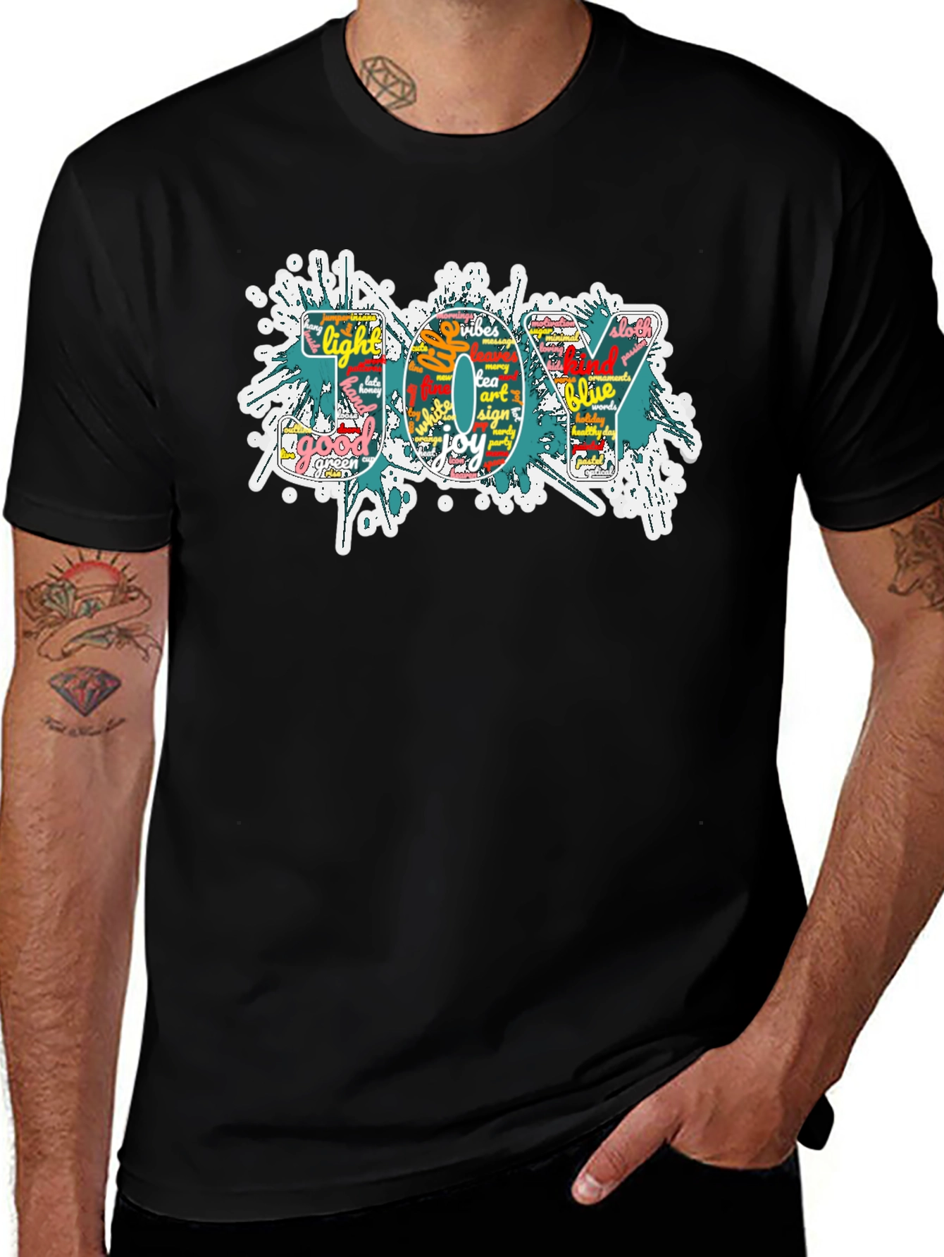 Joy Word Art Mens Black Graphic T-Shirt