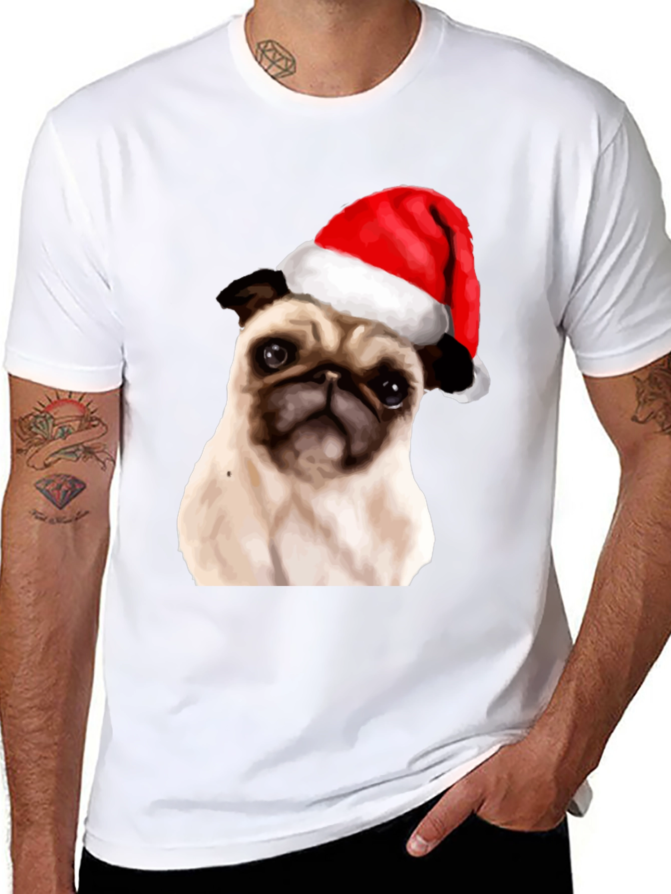 Pug in Santa Hat Mens Black T-Shirt