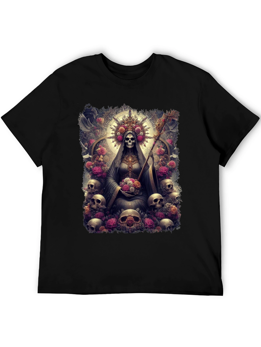 Santa Muerte Graphic Tee - Skull & Roses Design