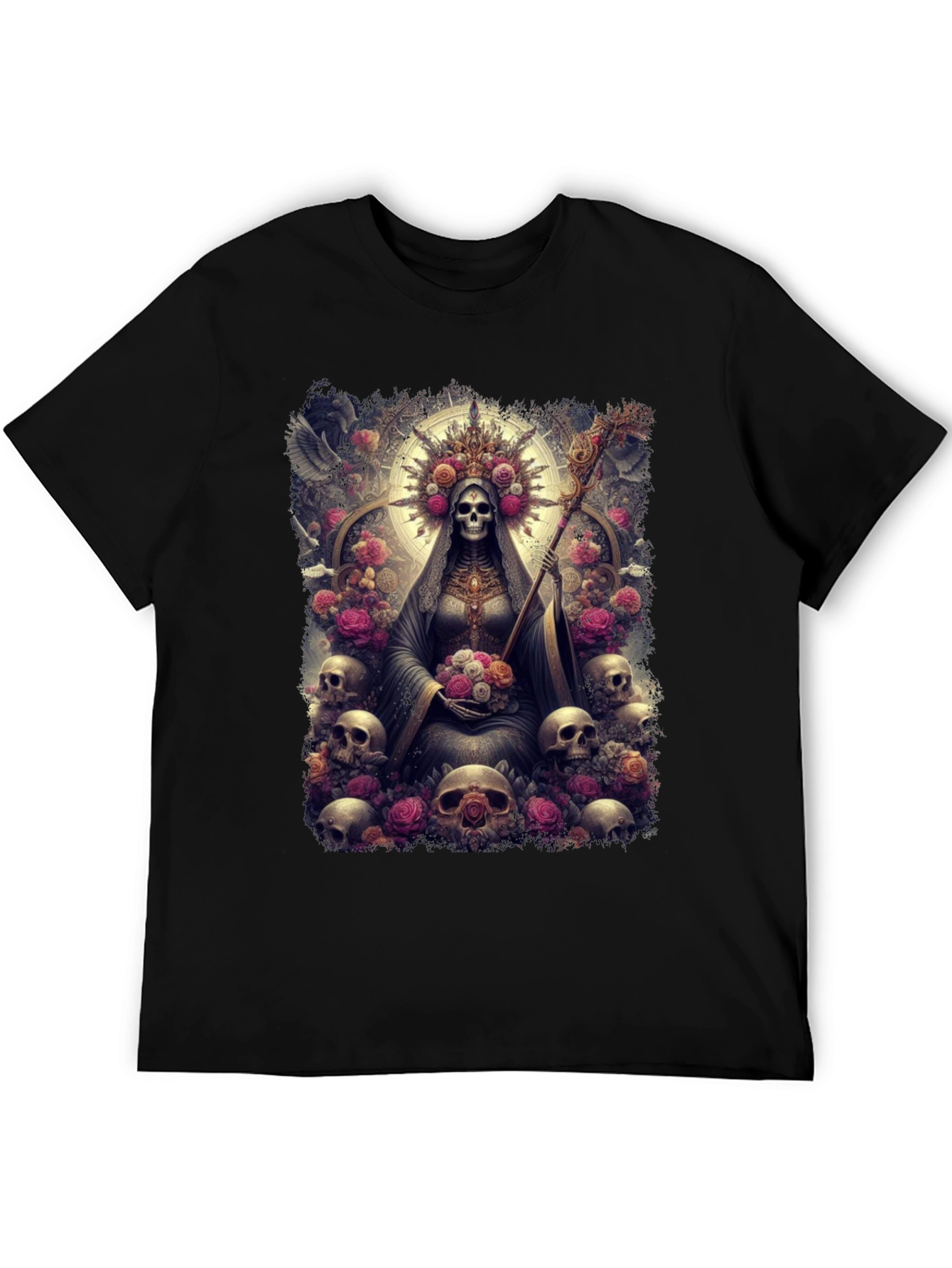 Santa Muerte Graphic Tee - Skull & Roses Design