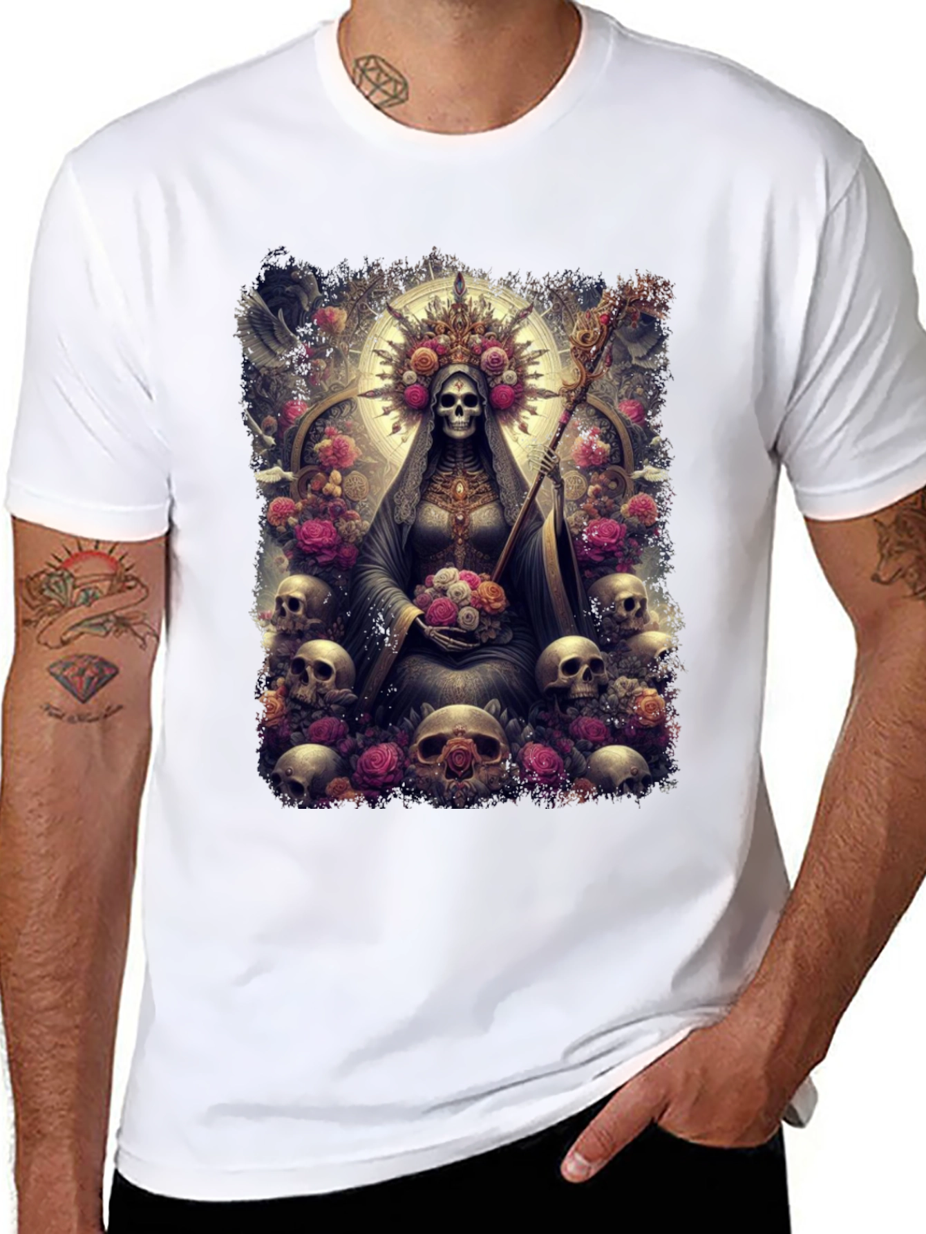 Santa Muerte Graphic Tee - Skull & Roses Design