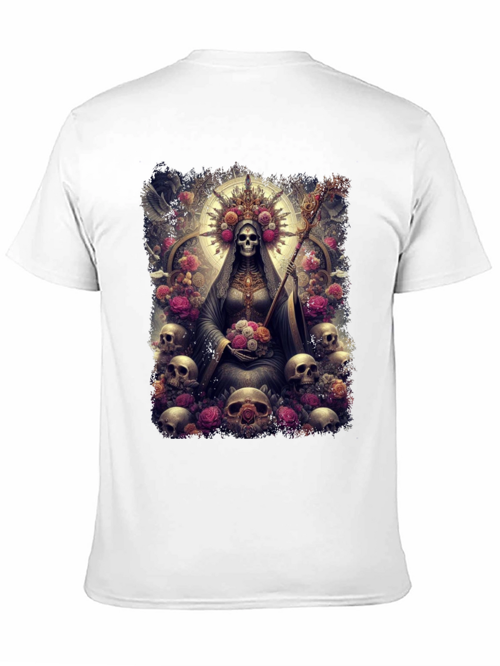 Santa Muerte Graphic Tee - Skull & Roses Design