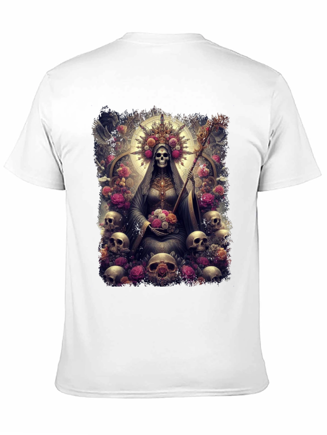 Santa Muerte Graphic Tee - Skull & Roses Design