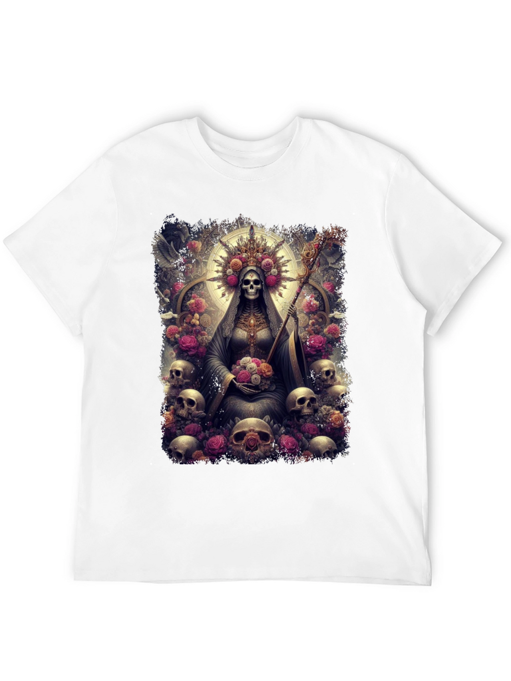 Santa Muerte Graphic Tee - Skull & Roses Design