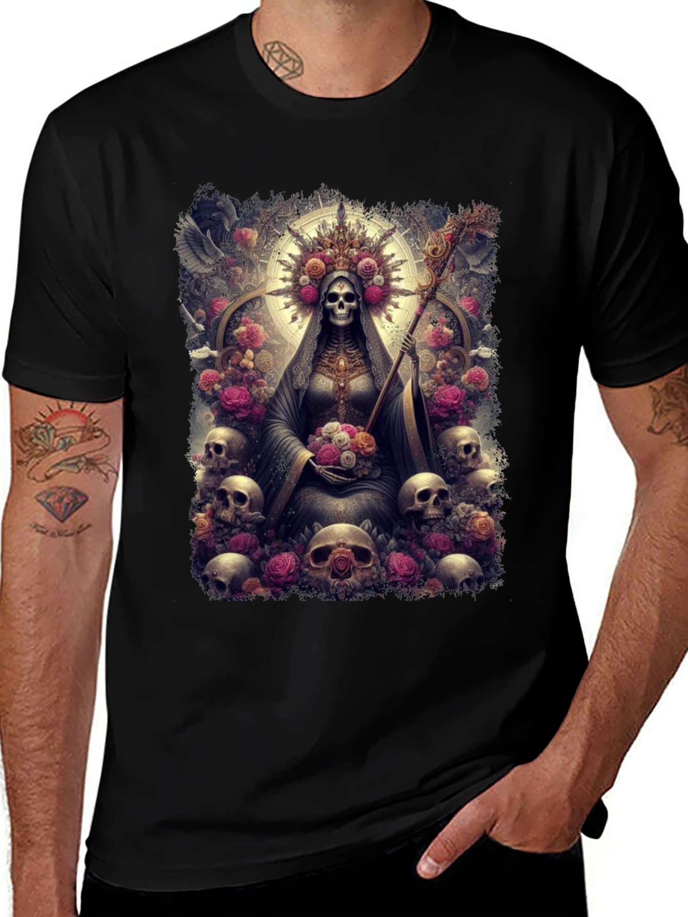 Santa Muerte Graphic Tee - Skull & Roses Design