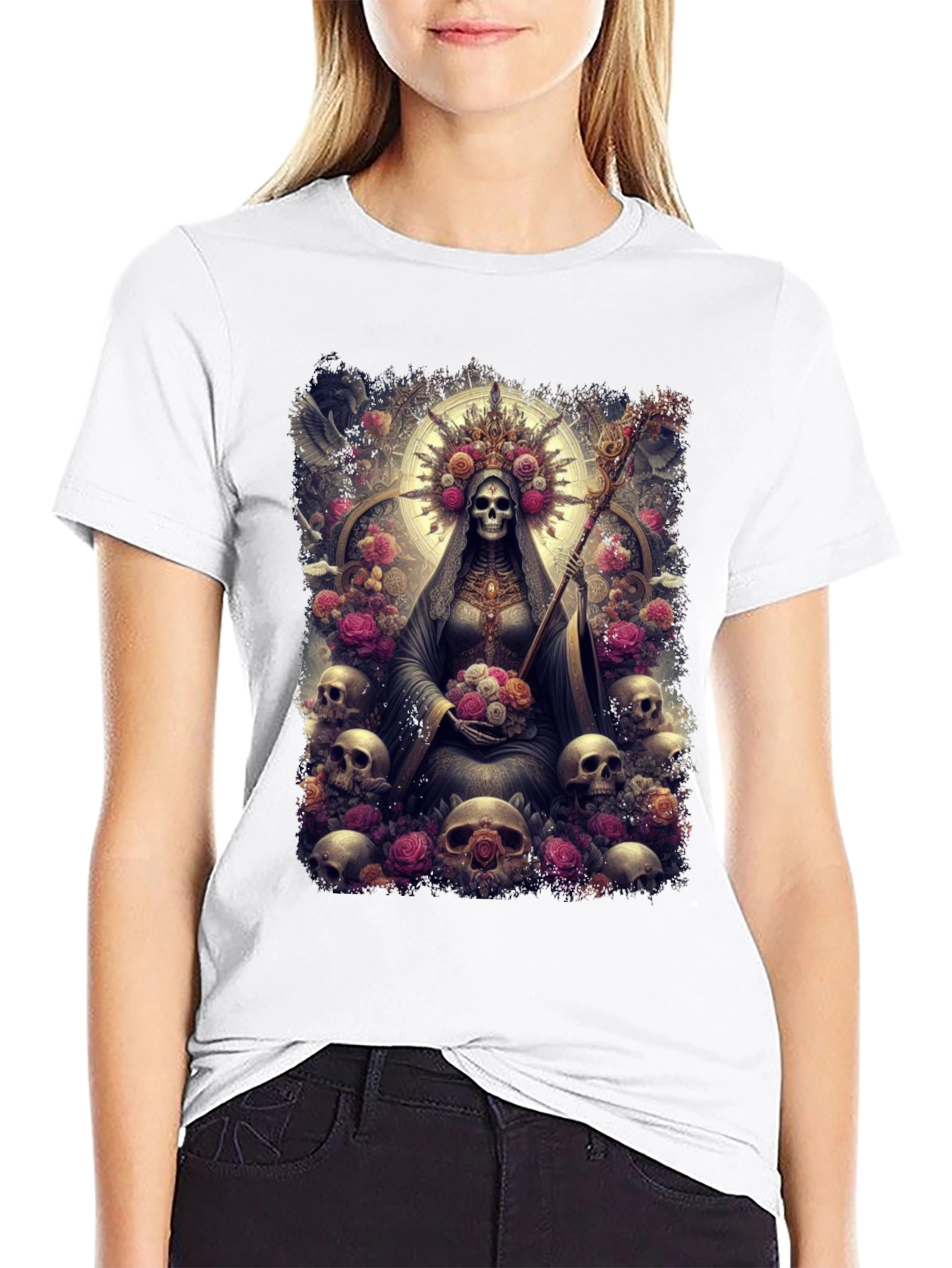 Santa Muerte Graphic Tee - Skull & Roses Design