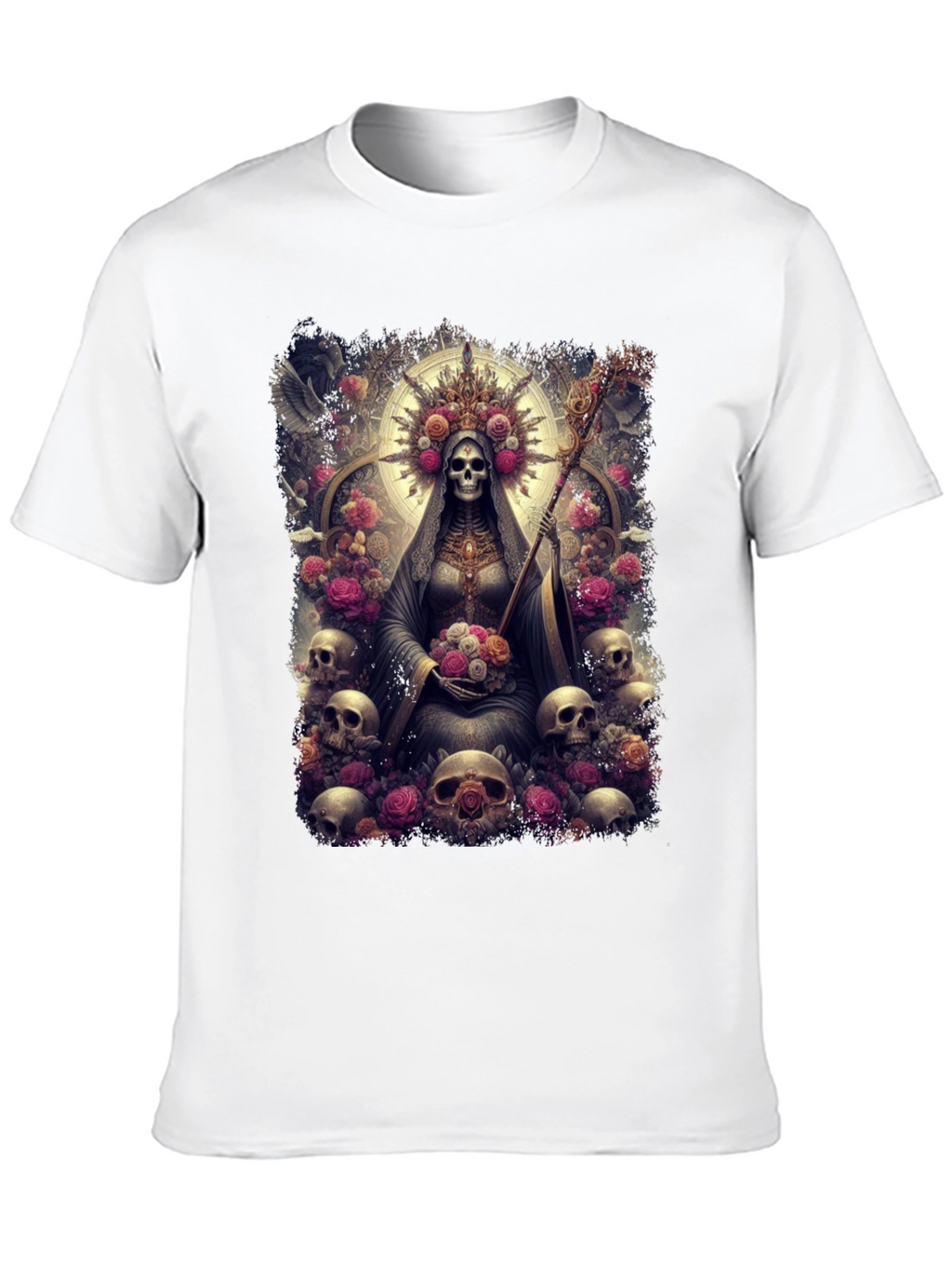 Santa Muerte Graphic Tee - Skull & Roses Design