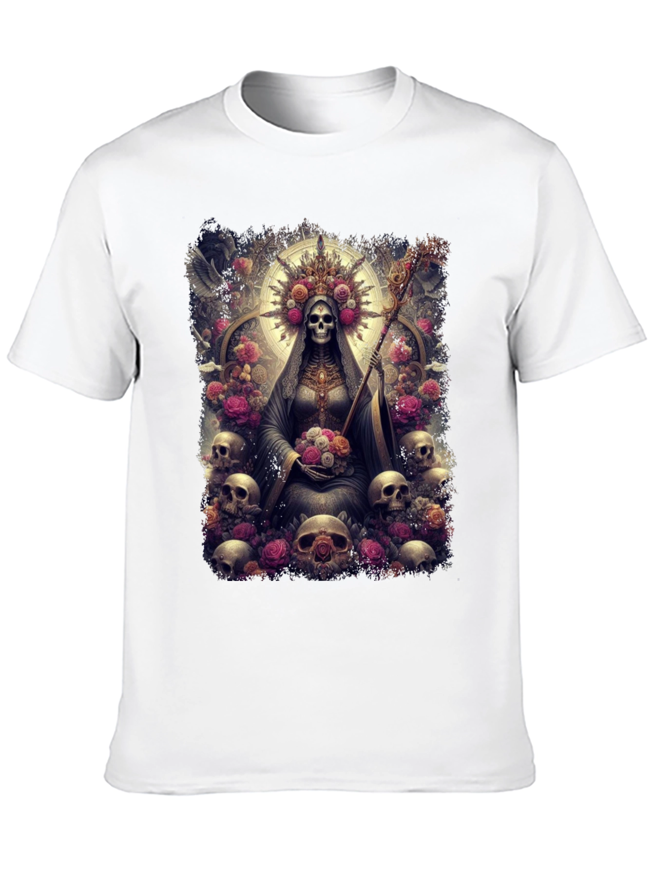Santa Muerte Graphic Tee - Skull & Roses Design