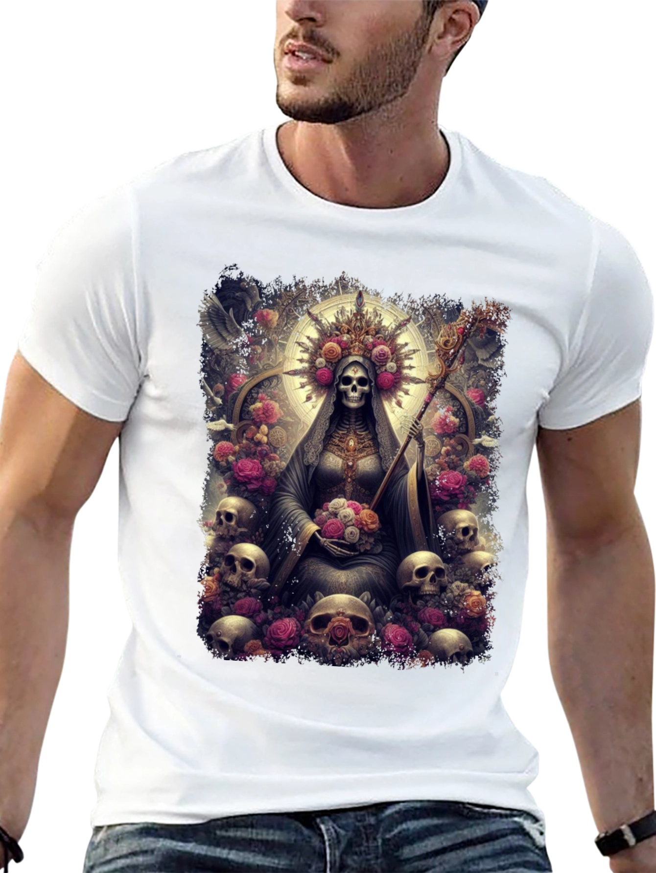 Santa Muerte Graphic Tee - Skull & Roses Design